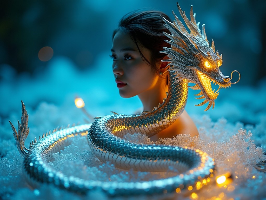 The image features a female model with a serene expression, surrounded by a stunning chrome dragon. The dragon appears to be alive, with intricate scales and glowing eyes. The background is filled with soft blue lighting that evokes a mystical and ethereal atmosphere. Yellow highlights add warmth and contrast, making the scene feel dynamic. The model's pose suggests a harmonious connection with the dragon, symbolizing strength and beauty in a fantasy setting.