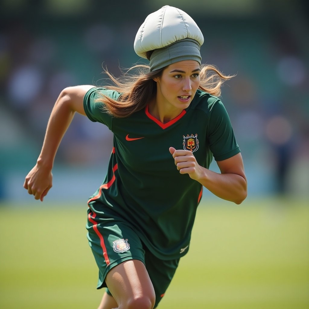 A soccer player is running on a field wearing a smart rugby cap that inflates to prevent injuries if she falls.