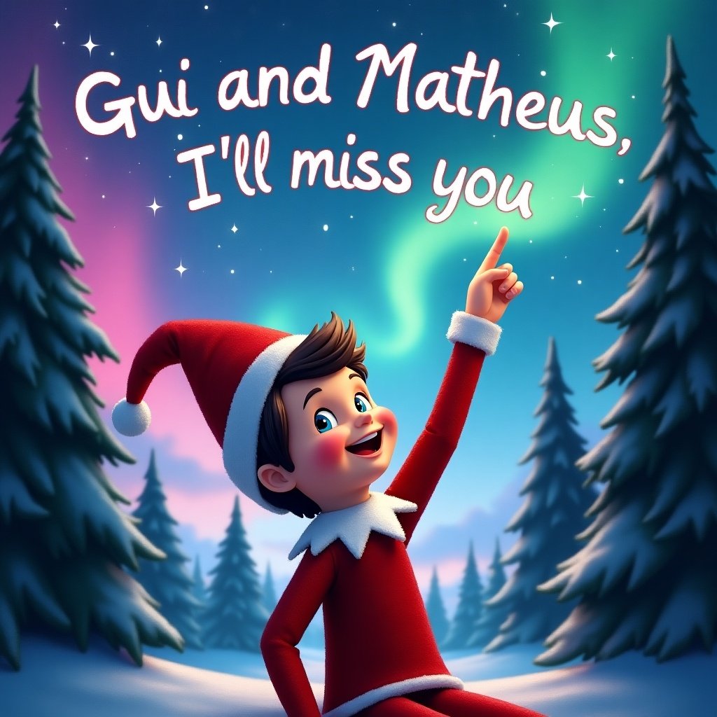 A joyful boy elf with short hair pointing upwards. The elf playfully writes the words 'Gui and Matheus, I’ll miss you’ in the night sky. The sky features beautiful northern lights in pink, blue, green, and purple. The elf wears a red outfit and Santa hat. His expression reflects wonder. Tall evergreen trees frame the scene.