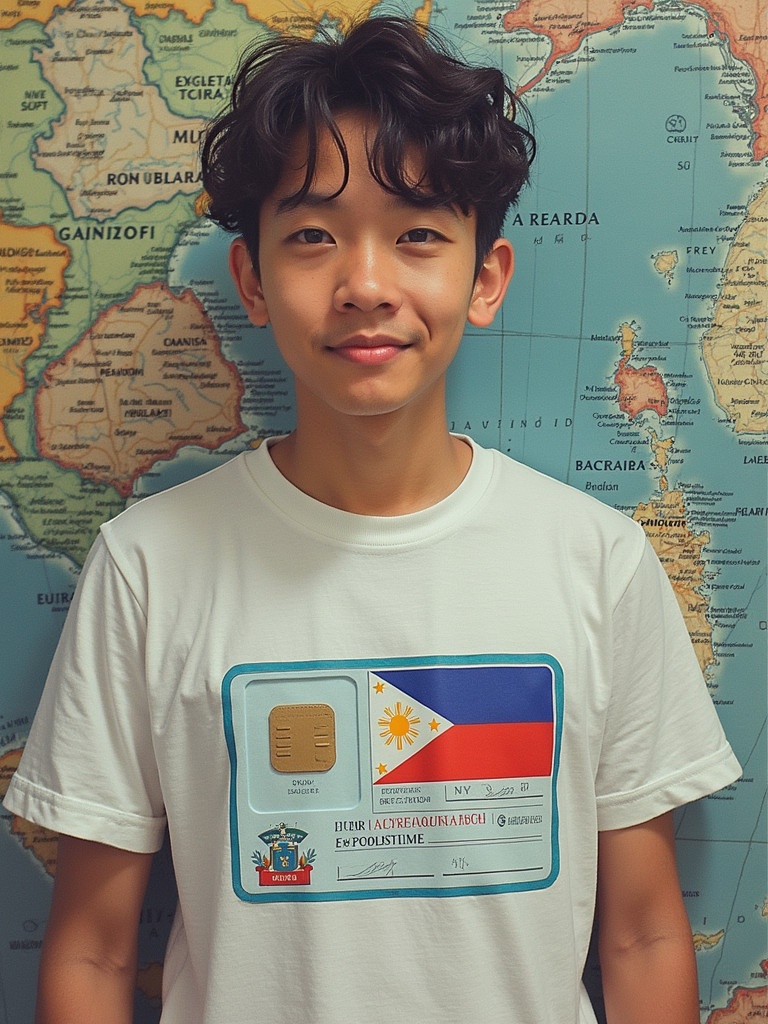 Create a Philippine national ID on a t-shirt. Display Philippine flag and ID details. Background features a map of the world.