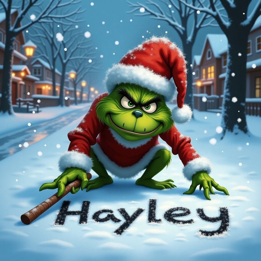 Winter scene features Grinch with Santa hat. Grinch shows grumpy expression. Crouching position. Writing the name 'Hayley' in snow. Surrounded by snowflakes. Background has houses and lights covered in snow.