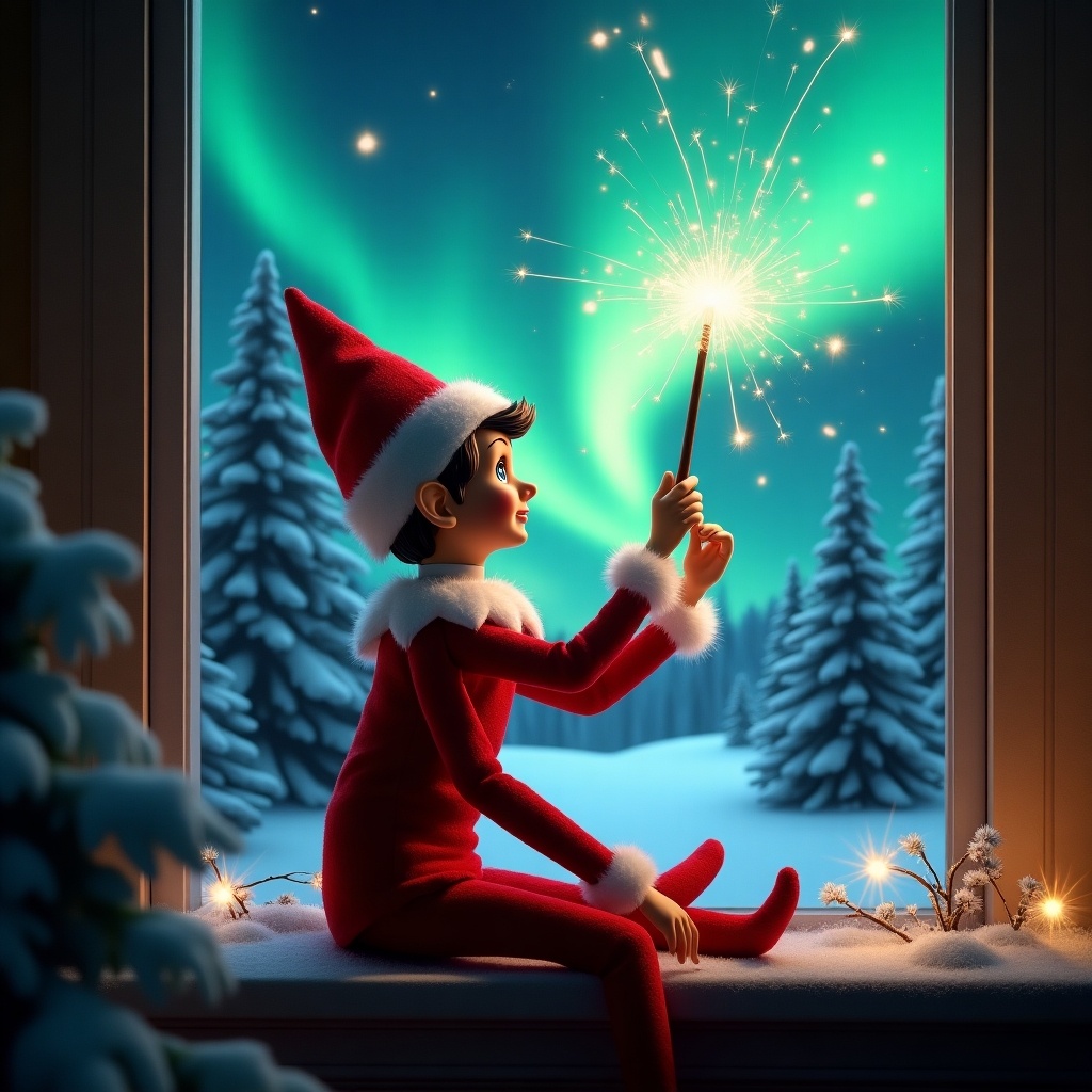 The image features an elf on the shelf sitting on a windowsill, with his back to the viewer. He is gazing up at the sky, using a wand to create magical sparks. The background depicts a captivating Christmas scene with vibrant northern lights illuminating the night sky. Pine trees covered in snow surround the setting, enhancing the holiday atmosphere. The elf's attire is festive, with a bright red outfit and fluffy white trim. This image embodies the spirit of Christmas and evokes feelings of wonder.