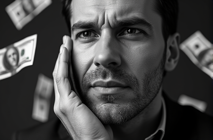 A man holds his face thoughtfully against a backdrop of floating dollar bills.