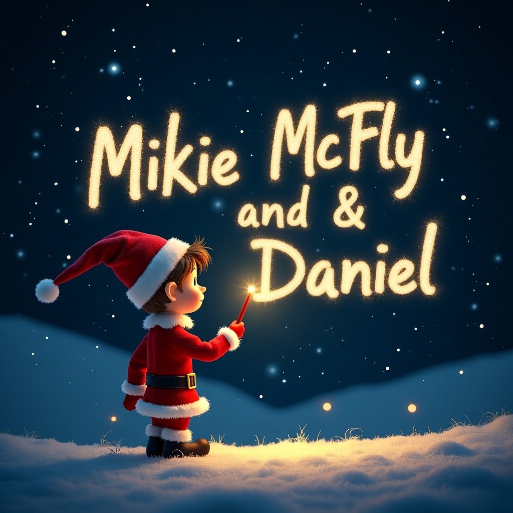 A Christmas elf uses a wand to write the name Mikie McFly in sparkling text. 'Isabelle and Daniel' glows elegantly. The background is dark and highlights the bright letters. The scene conveys magic and wonder resembling a fairy tale.