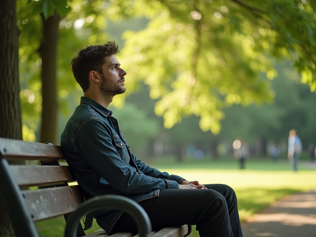 In a serene park, a young man sits quietly on a bench. He gazes thoughtfully into the distance, lost in contemplation. The soft light of the late afternoon sun filters through the trees, creating a tranquil atmosphere. This moment captures the essence of self-reflection and the exploration of possibilities in life. He embodies a sense of wonder about the future.