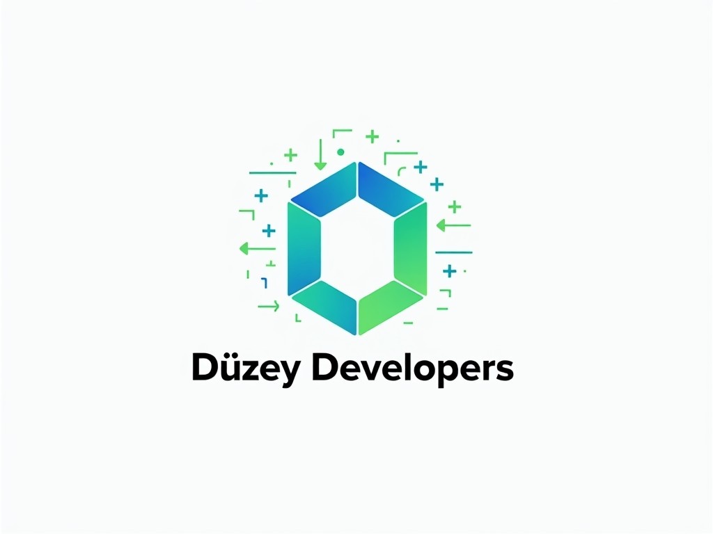 This logo represents a software development team called Düzey Developers. The design includes a geometric icon with gradients of green and blue, evoking a sense of innovation and technology. Surrounding the icon are abstract elements like lines and shapes that symbolize coding and development. The text 'Düzey Developers' is prominently displayed below the icon, in a bold and modern font, contributing to a tech-savvy identity. The overall look is clean and professional, ideal for a contemporary digital company.