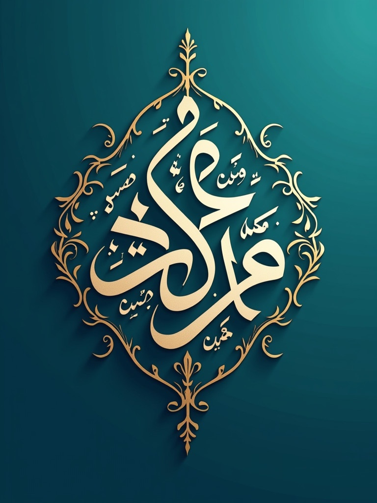 Calligraphic design of Arabic phrase 'Rooh Al Rooh' in elegant flowing style. Intricate artistic features with smooth curves. Gold and white colors used for text on a gradient background. Background transitions from royal blue to turquoise. Surrounded by symmetrical patterns inspired by Arabic art to give a refined and luxurious appearance.