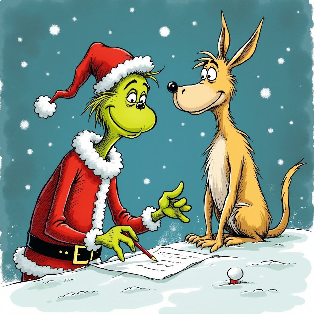 Grinch in Santa suit writes in snow. Cartoon style. Dog next to him. Snowy background.