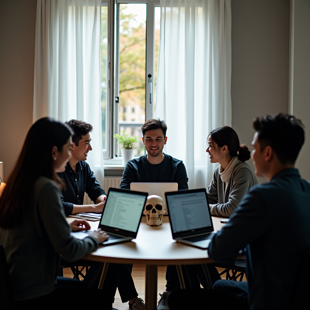 A group of five people sitting around a table working on laptops, with a skull placed at the center of the table.