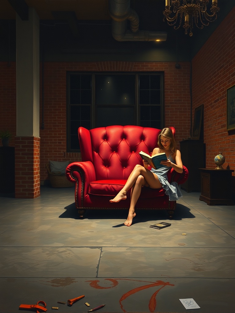 In a dimly lit, industrial-chic room with exposed brick walls, a young woman sits on a striking red armchair reading a book. The soft glow of a chandelier enhances her relaxed and thoughtful demeanor. Items scattered on the floor, including crayons and drawings, suggest a creative and relaxed atmosphere.