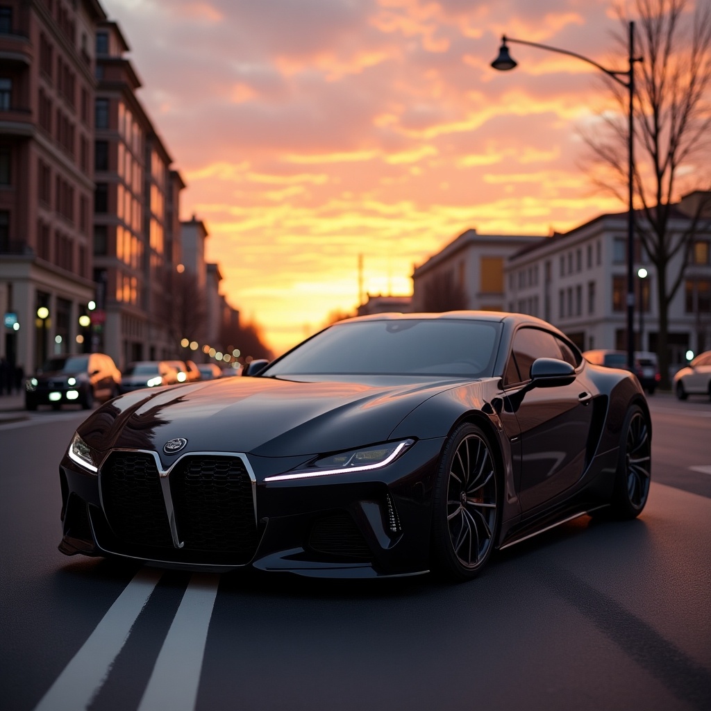 A sleek black luxury sports car parked on a city street during sunset. Buildings line the street with a dramatic sky.