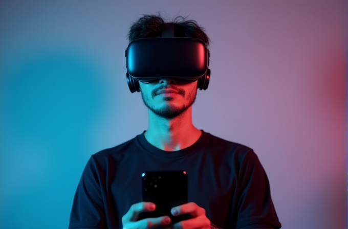 A person wearing VR goggles holds a smartphone, bathed in blue and red neon light.