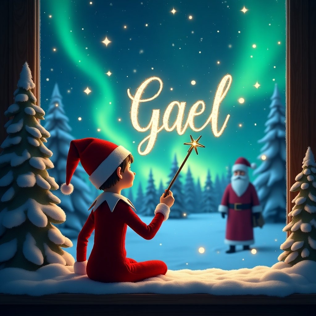 Image features an elf on the shelf with its back to the viewer facing a magical winter night sky. The elf in a red outfit uses a wand to write the name 'Gael' among twinkling stars. The background showcases breathtaking northern lights. Snow-covered trees surround the elf. A silhouette of Santa is seen in the distance.