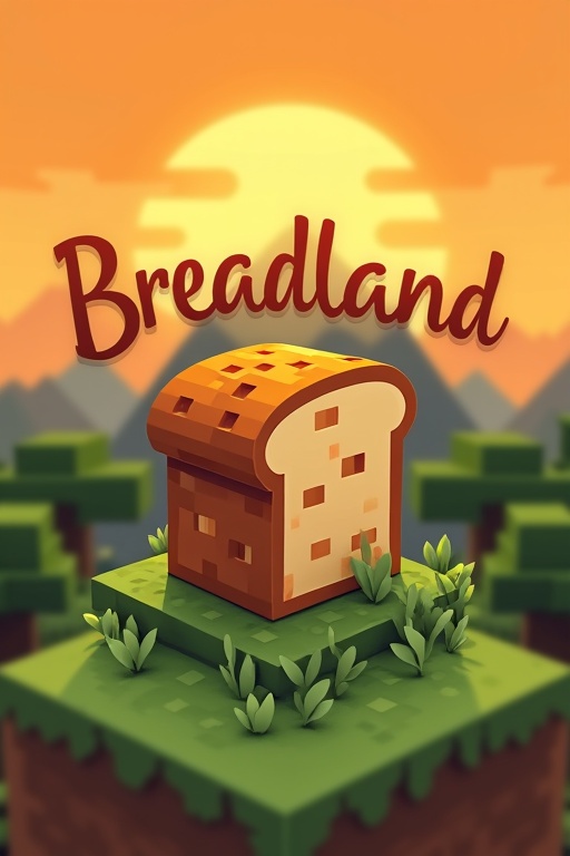 Logo design for a Minecraft server named Breadland. Features a pixelated loaf of bread. Title Breadland displayed above in a playful font. Surrounded by 3D landscape elements. Bright sunset with orange hues. Includes mountains and grass.