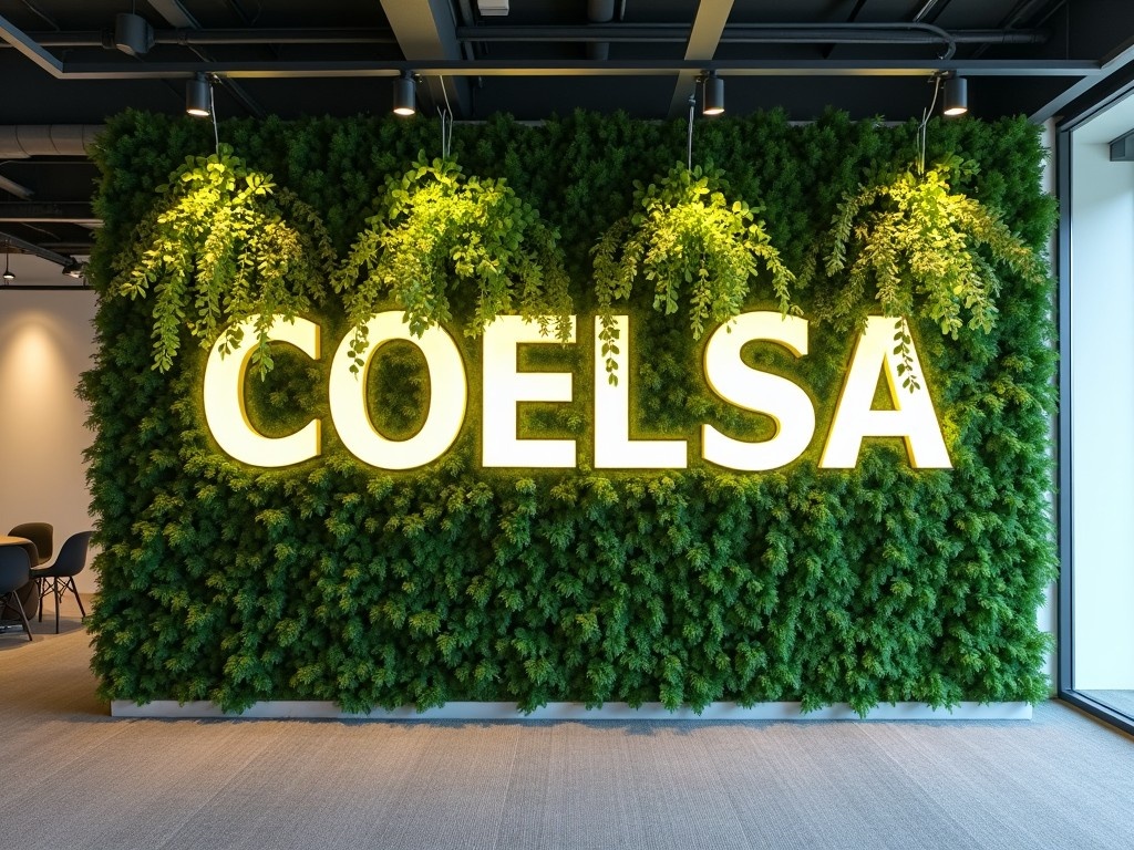 This image showcases a modern office wall featuring large, backlit letters that spell 'COELSA'. The wall is adorned with lush greenery, creating a fresh and inviting environment. Hanging plants cascade from the top, adding a natural feel to the space. The floor is finished with a soft gray carpet, providing an elegant contrast to the vibrant greenery. The overall design emphasizes a balance of professionalism and a lively atmosphere, perfect for contemporary workspaces.