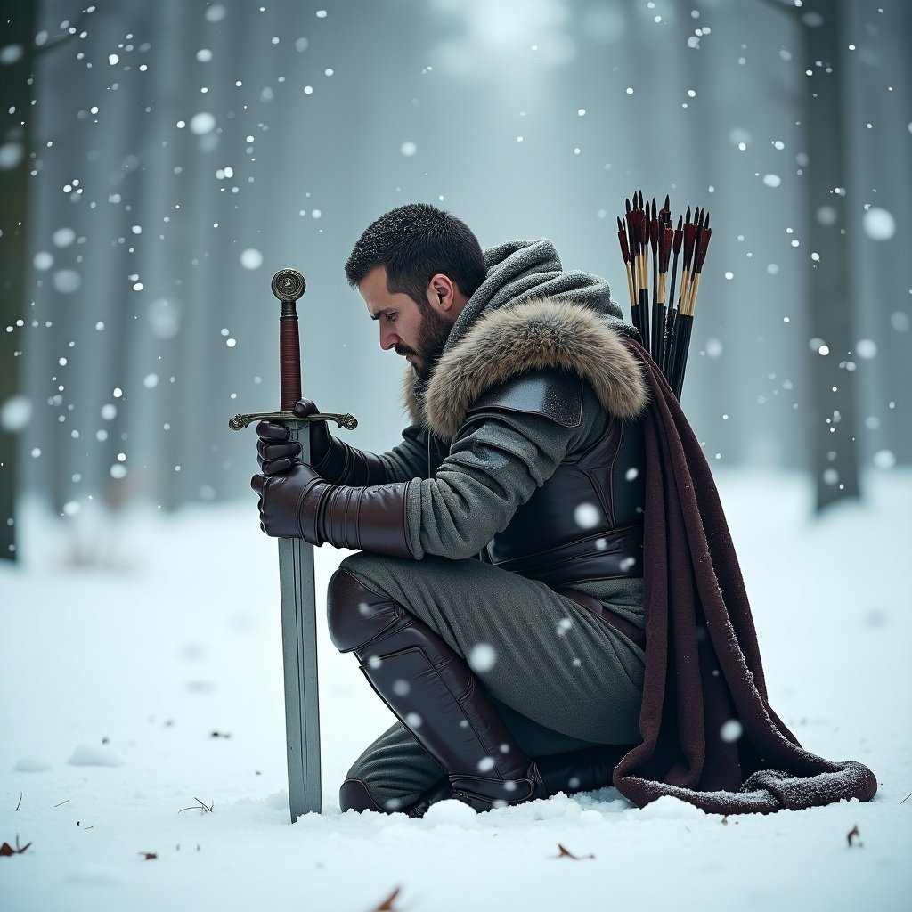 A medieval warrior kneels in the snow with a sword and arrows. The warrior wears armor and fur. Snow falls around them, creating a serene and somber mood.