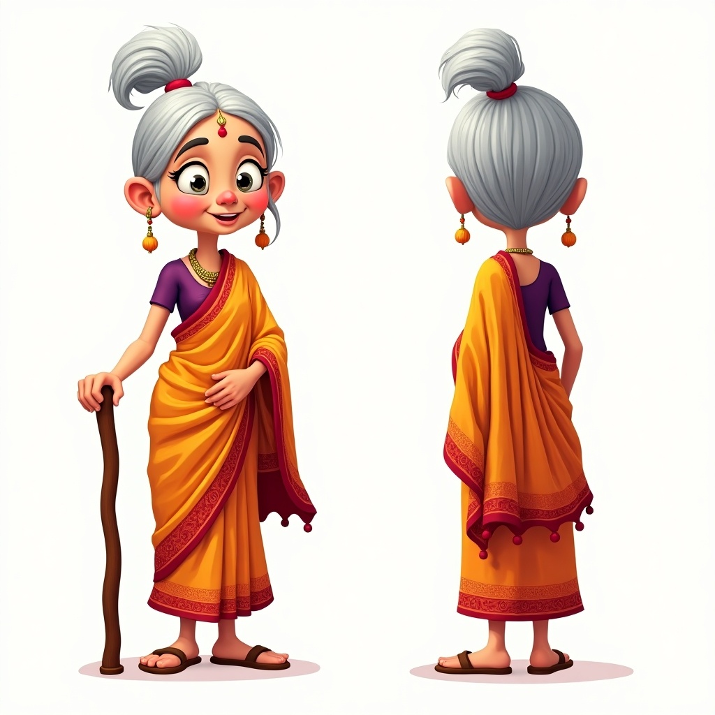 Cartoon character turnaround sheet of a cheerful elderly Indian woman. She is designed in a playful animated style. She wears a traditional saree and holds a wooden walking stick. The character has silver hair styled in a bun. The image shows her front, side, and back views.