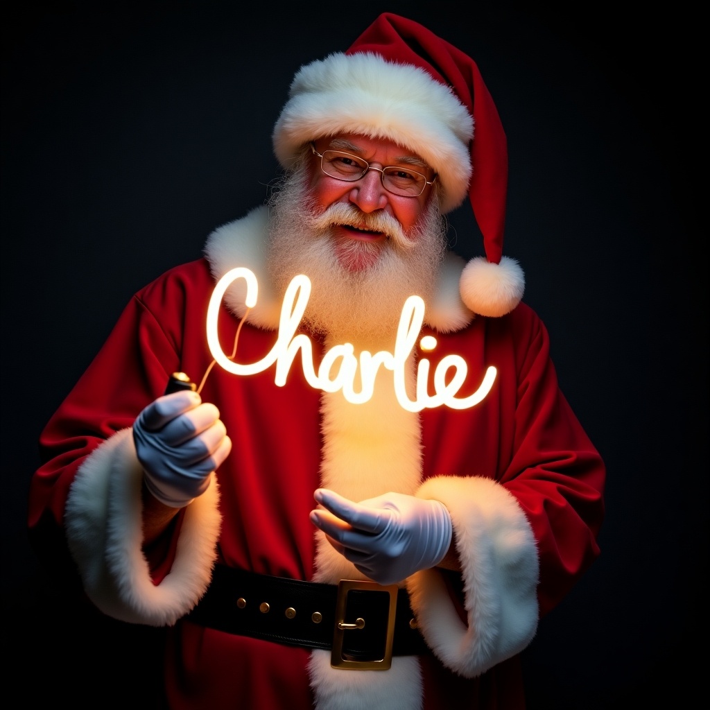 Image features Santa Claus in red and white suit. He holds a glowing stick forming 'Charlie'. Santa looks jolly. Background is dark. Captures Christmas magic.