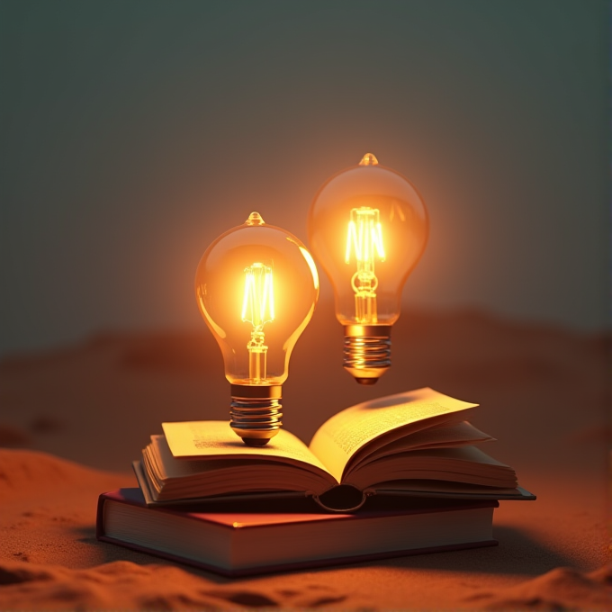 Two glowing light bulbs hover above an open book, casting a warm glow in a dimly lit setting.