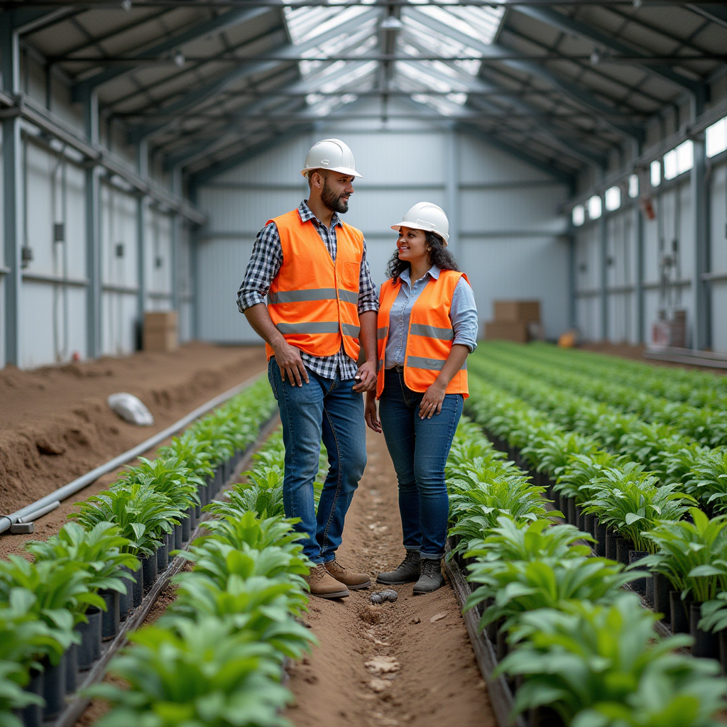 Two individuals in hard hats and vests stand in a greenhouse with rows of plants.