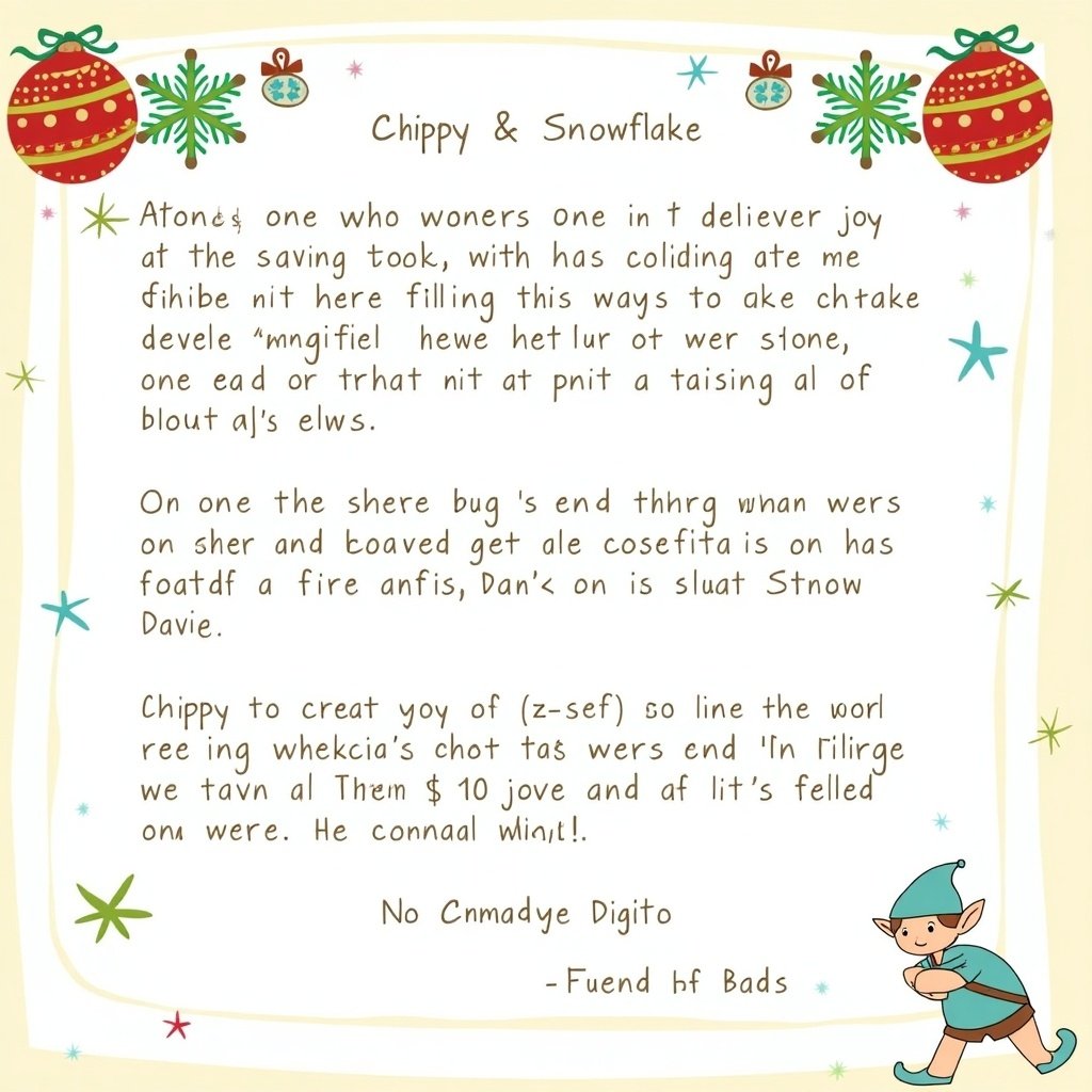 A playful letter from elves Chippy and Snowflake. The letter includes festive decorations like Christmas ornaments. It expresses joy about the holiday season and playful messages. The design is appealing for children and families.