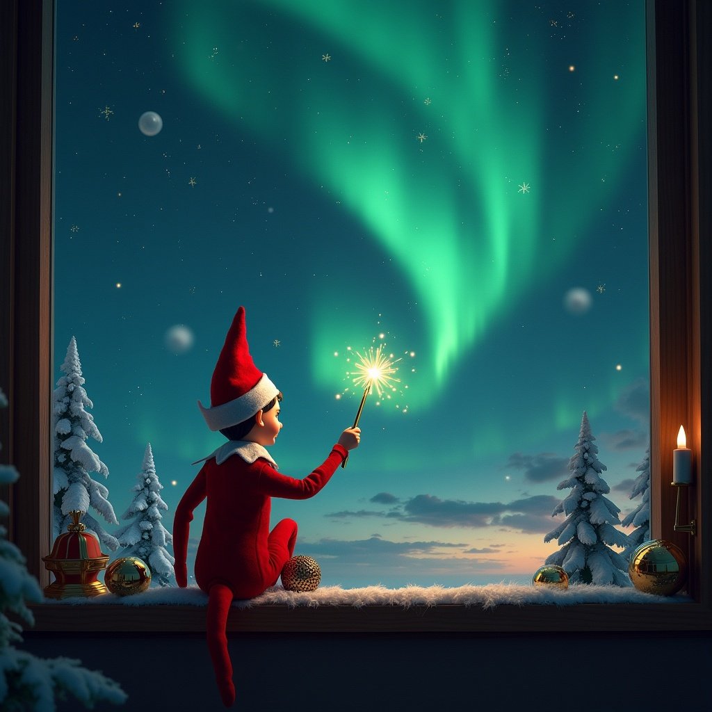 A whimsical scene featuring an elf on the shelf with his back turned, gazing out of a window at a beautiful night sky filled with northern lights. The elf, dressed in traditional red and white garb, is using a wand to create sparkles in the air. The background is adorned with snow-covered trees and festive decorations like ornaments and candles. It's a magical Christmas atmosphere, evoking feelings of joy and wonder. The scene captures the essence of holiday magic with soft lighting that enhances the beauty of the moment. This enchanting picture is perfect for holiday-themed decorations and storytelling.