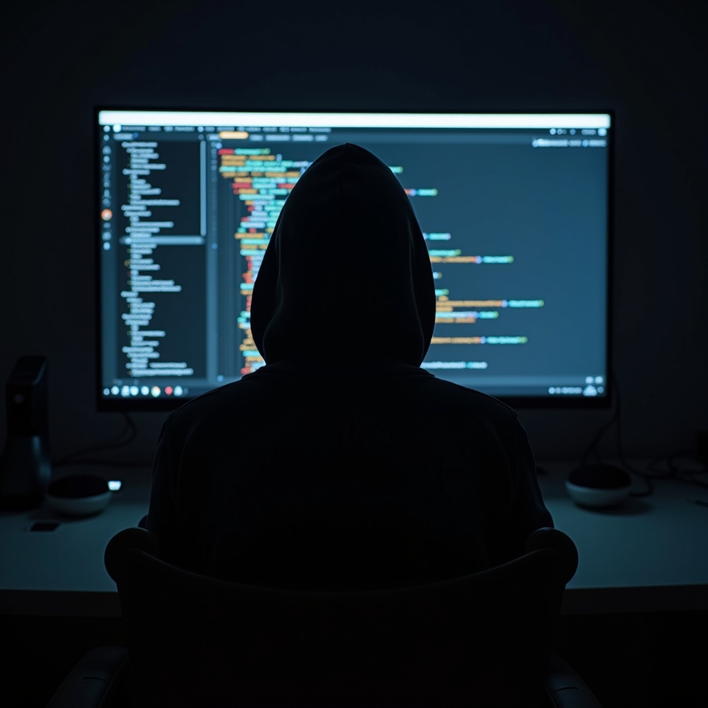 A person is sitting in a dark room, wearing a hoodie. They are facing a large screen that displays multiple lines of colorful code. The ambiance is dark, with the screen providing the only light source. The person's silhouette is visible against the glow of the screen. This scene evokes a sense of focus and mystery, typical of a programmer or hacker environment. Such visuals are common in discussions about technology, coding, and cybersecurity.