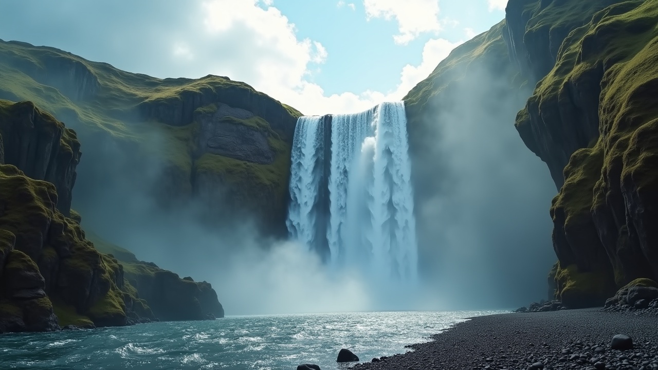 A scenic view of a majestic waterfall cascading over moss-covered cliffs under a cloudy blue sky, with mist rising from the splashing water, creating a serene and natural ambiance along a rocky shoreline.