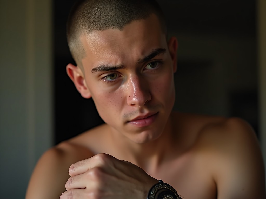 A close-up portrait of a young man with a shaved head, captured in natural light. He has a contemplative expression, with a slight furrow in his brow, and shows a strong sense of emotion. The lighting accentuates his facial features and skin texture, adding depth to the image. The background is softly blurred, drawing attention to the subject. He is wearing a watch on his wrist, highlighting a relaxed yet stylish vibe.