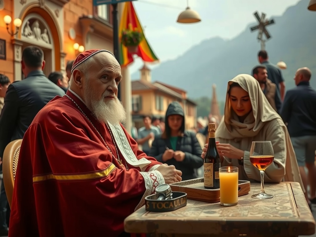 The image depicts an elderly man dressed in rich, red traditional robes sitting at an outdoor table with a younger woman who is also modestly dressed. They appear to be engaged in discussion, surrounded by a bustling street scene. The setting is warm and inviting, with a table set for drinks, and the atmosphere suggests a mix of tradition and contemporary life.