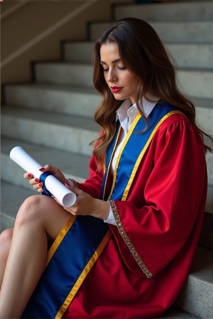 A young woman in a red and blue graduation gown sits on stairs, holding a rolled diploma.