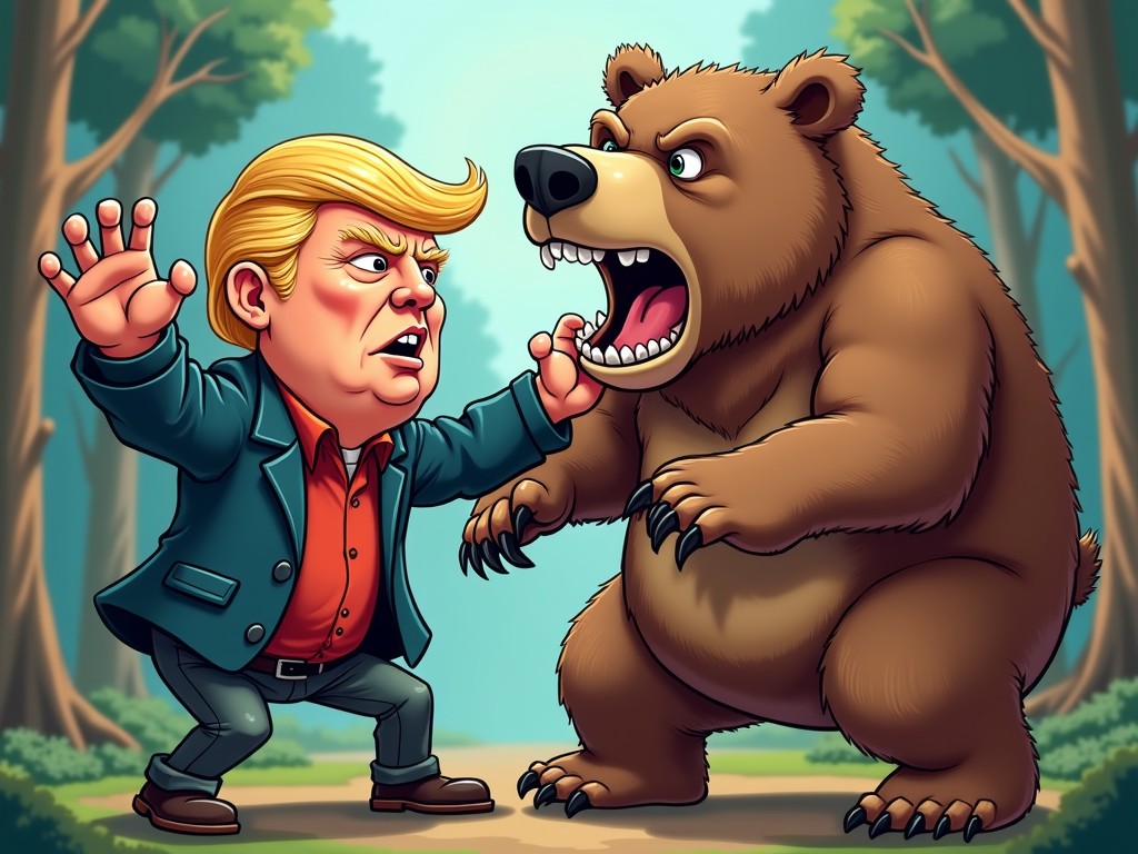 In a dense forest setting, a cartoonish character with exaggerated features stands defiantly facing a roaring bear. The character is depicted with a strong stance, arms upraised in a defensive gesture, while the bear is massive, with sharp claws and a wide-open mouth. This image portrays a humorous and dramatic standoff, capturing a moment of tension and courage.