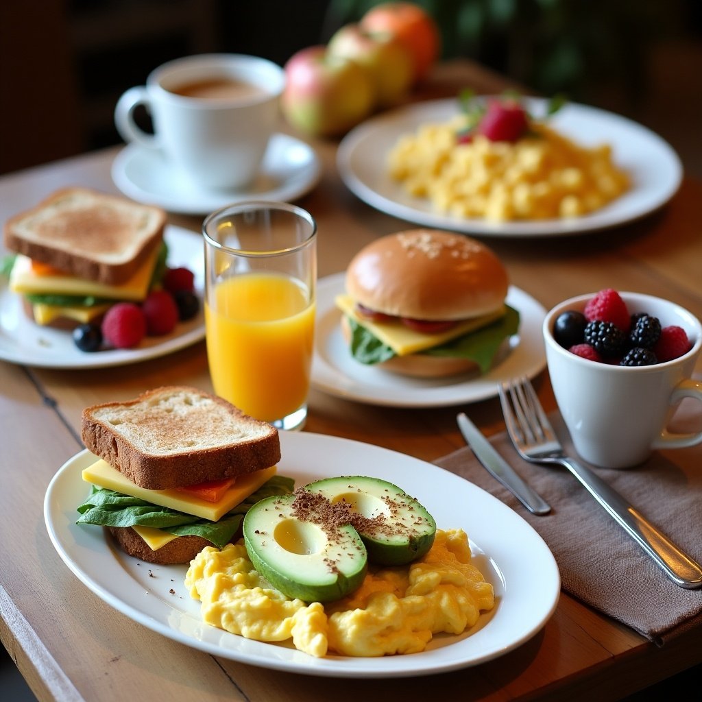 Table displays a variety of breakfast items including toast sandwich with cheese, scrambled eggs with avocado, coffee, yogurt with berries, fresh fruits, and orange juice.