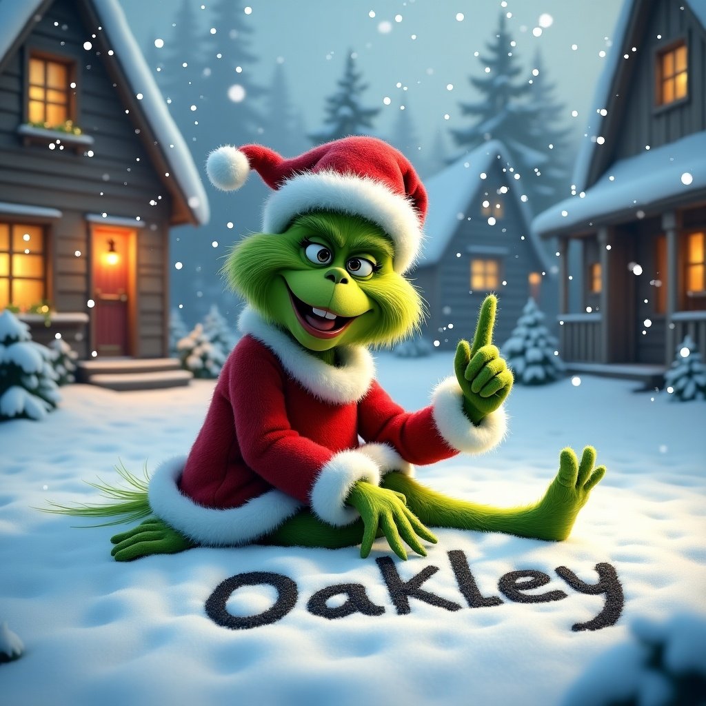 Grinch in red and white Christmas outfit sits on snowy ground. He writes 'Oakley' in fresh snow. Snowflakes fall around. Joyful expression on his face. Cozy cottages with warm lights nearby. Captures holiday creativity and spirit of giving.