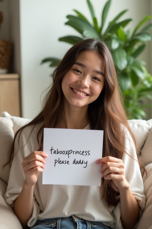 A young woman with long brown hair sits comfortably in a cozy living room. She smiles warmly while holding a piece of paper. The paper displays her Instagram handle 'tabooxprincess' and the phrase 'please daddy'. The decor features soft pillows and plants in the background. Natural light filters through the window, creating a welcoming atmosphere. The overall look is casual and inviting, perfect for a social media post.