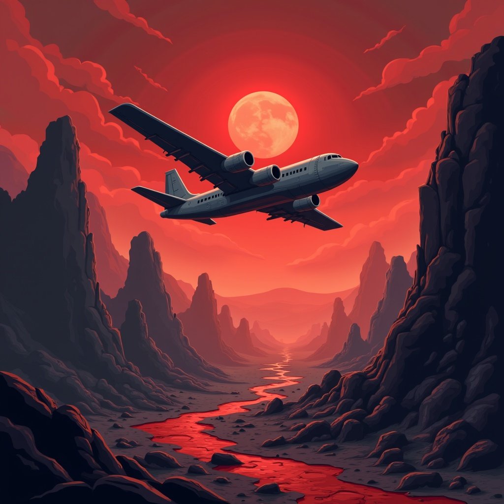 Image of a cartoon airplane flying above a barren plane with reddish gray colors and a large red moon in the sky.