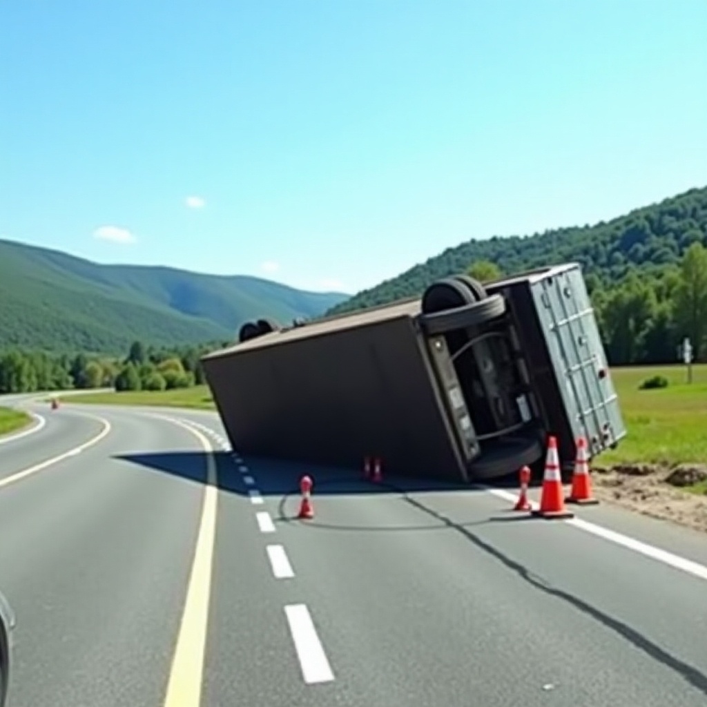 An overturned truck lies on its side on a curved road. Traffic cones surround the vehicle to warn drivers. Blue sky and green hills fill the background. Tire skid marks mark the road, indicating severe accident.