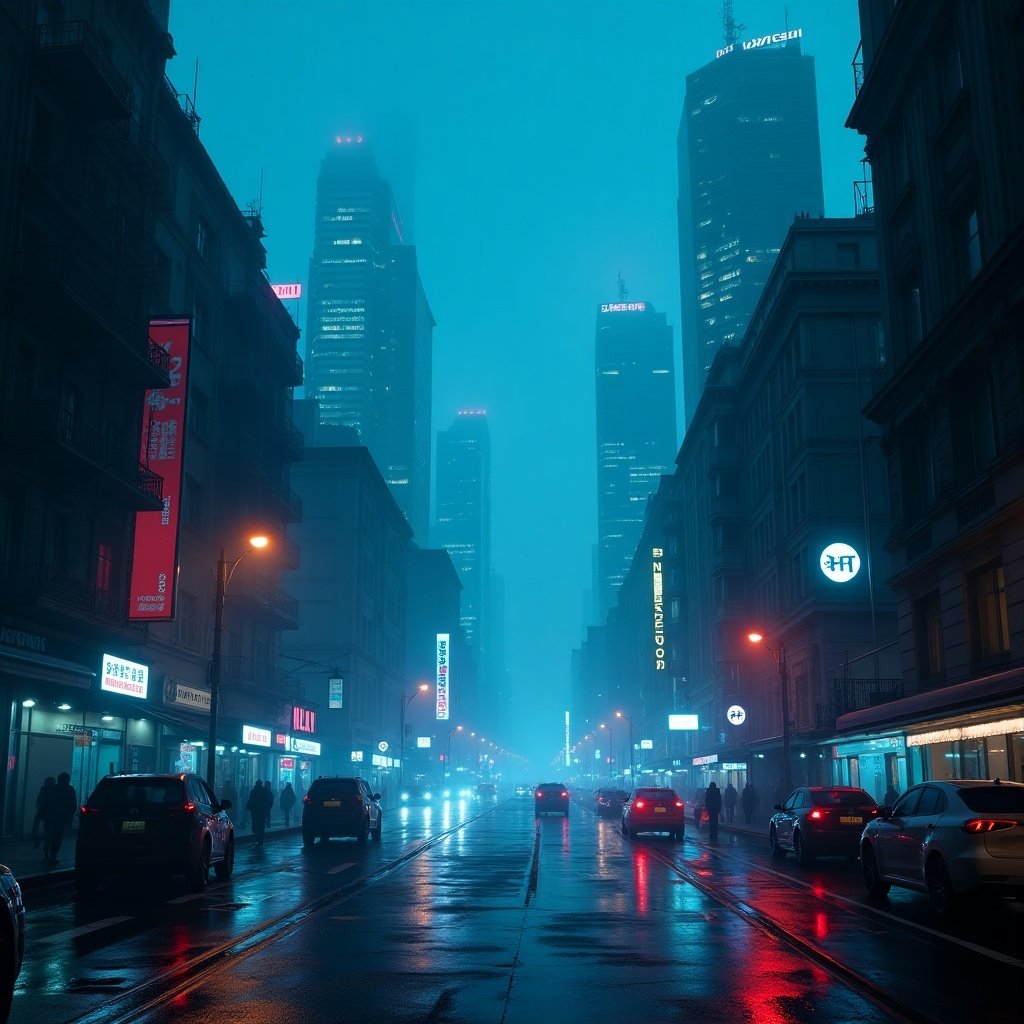 A pale blue night time cyberpunk city with occasional red lights and a majestic glow.