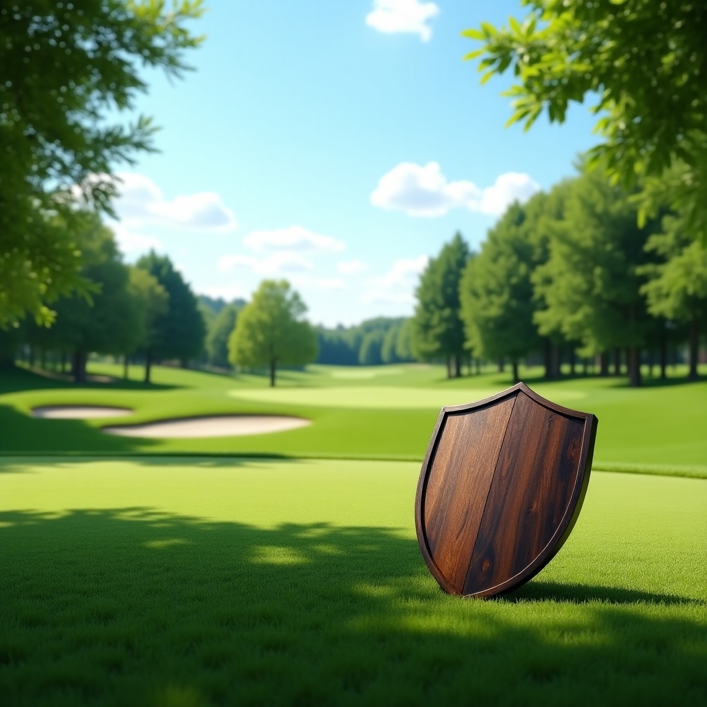 The image features a beautifully manicured golf course bathed in soft sunlight. In the foreground, there is a wooden shield symbolizing protection or sportsmanship. Surrounding the shield, lush green grass enhances the serene and peaceful atmosphere. In the background, a line of trees creates a natural frame, while the rolling landscape of the golf course unfolds. This scenic view conveys the essence of outdoor sports and relaxation, inviting viewers to appreciate the harmony between nature and athletic endeavors.