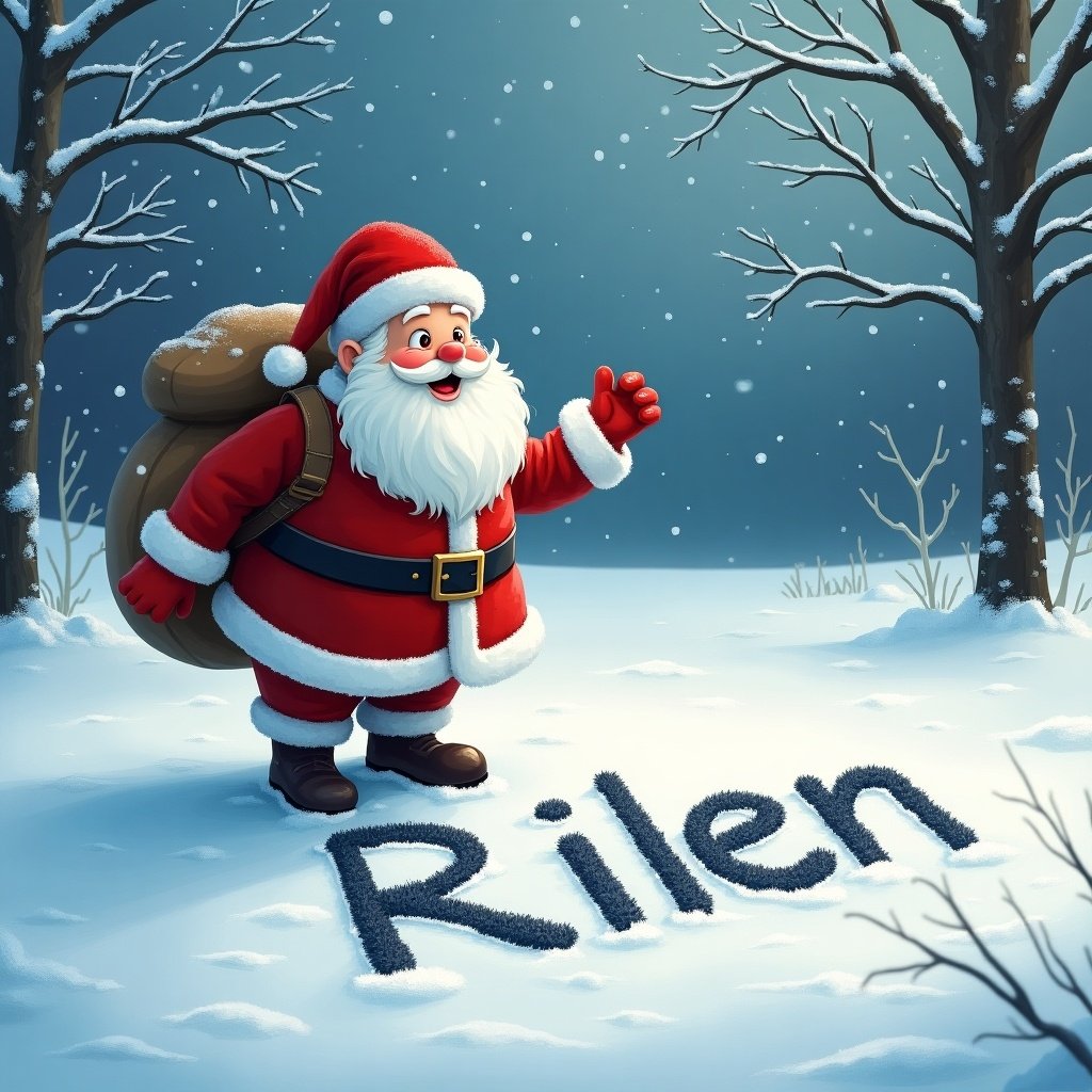 Santa Claus writes name Rilen in fresh snow during snowy winter scene with trees around.