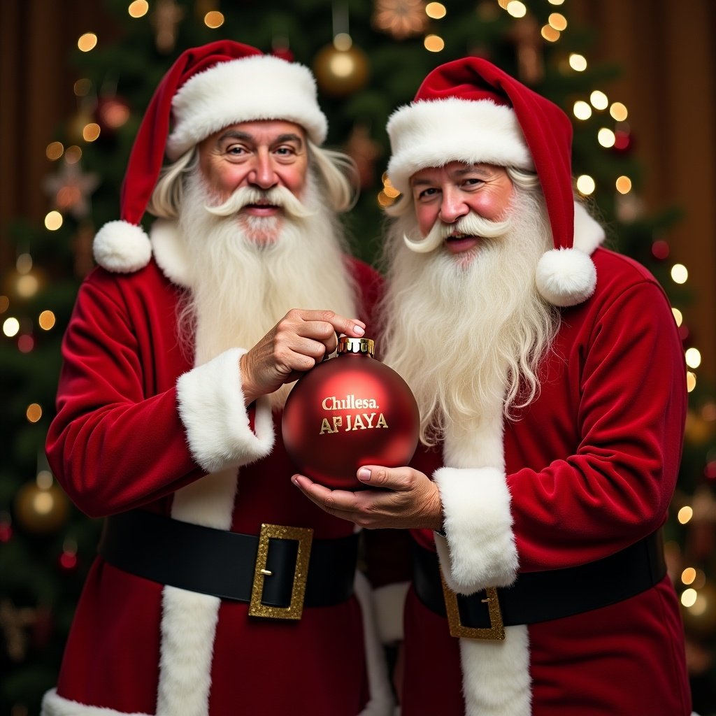 Two Santas in festive red attire stand together, beaming with joy. Each Santa has a long white beard and is wearing a classic red coat with white fur trim and matching hats. They are holding a shiny Christmas bauble that reads 'Chelsea Alaya Skye'. The background is decorated with twinkling lights and a beautifully adorned Christmas tree, enhancing the holiday spirit. The scene captures warmth and joy, perfect for celebrating the festive season.