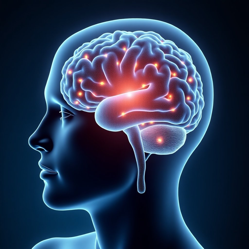 Create an illustration of a human profile highlighting the brain, which includes glowing brain activity and nanobodies. The brain should be depicted in rich detail with illuminated pathways showing neural connections. Emphasize the abstract connection between nanobodies and the brain's functions. Use a color palette consisting of blues and reds to reflect activity. The background should be dark, making the brain and nanobodies visually pop. Aim for a futuristic, scientific look that can inspire interest in brain research.