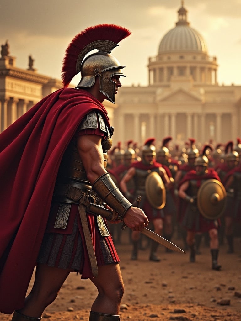 An ancient Roman battle scene is depicted with Spartan warriors in the foreground. The setting is at sunset with a large Roman building in the background. Soldiers in armor and shields gather, creating a tense atmosphere.