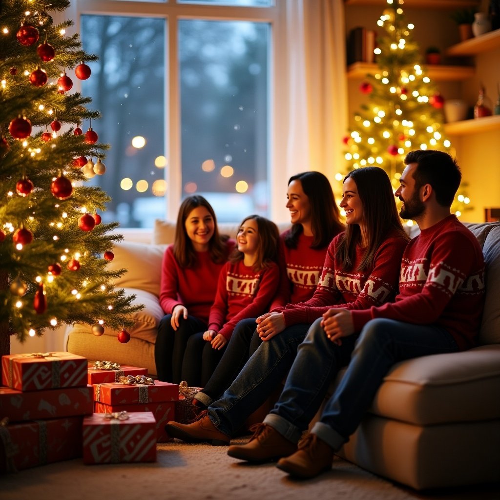 Family celebrating Christmas in a cozy living room with a beautifully decorated tree and gifts.