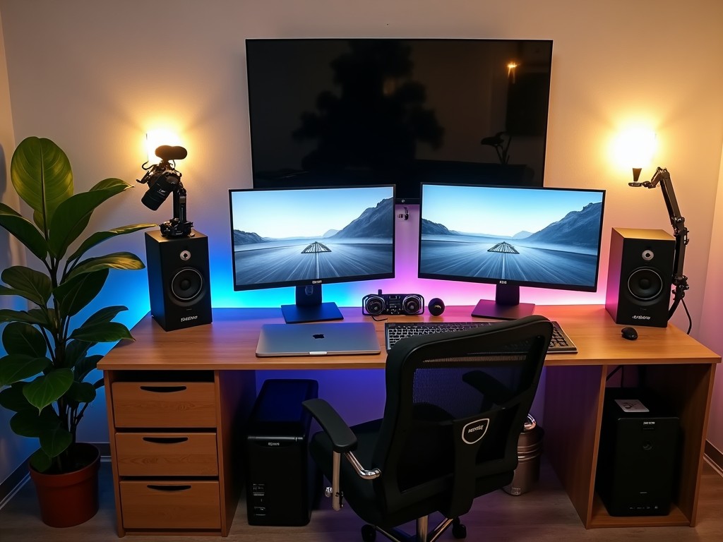 A modern home office setup with dual monitors, ergonomic chair, ambient lighting, and tech gadgets on a wooden desk with speakers and a potted plant.