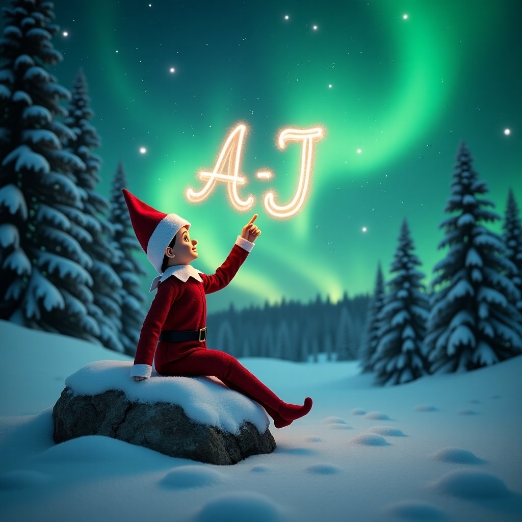 Elf sitting on a snow-covered rock in a winter landscape. He wears a red and white outfit and a pointed hat. Northern lights illuminate the night sky. The elf points upwards, where the name 'A-J' is written in cursive by the magic of the lights. Snowy pine trees fill the background.