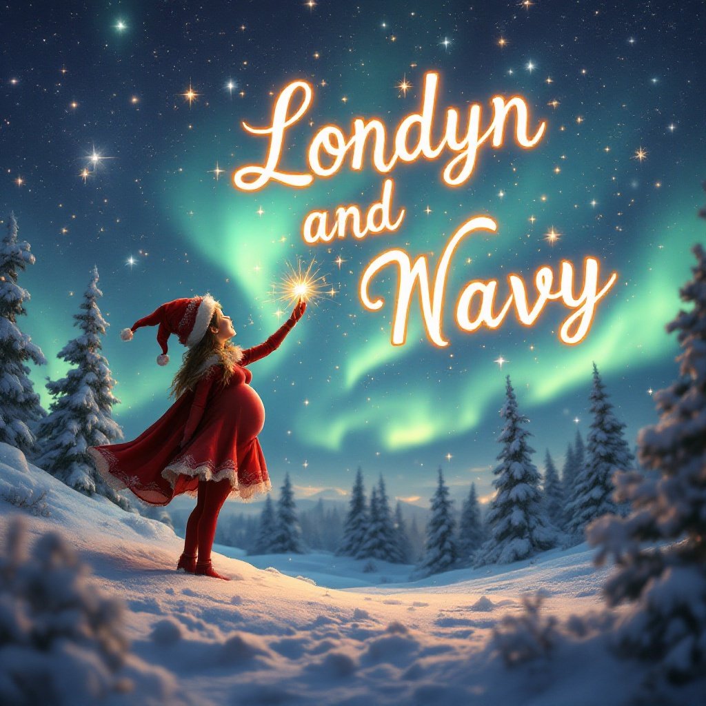 Enchanting Christmas scene with elves in the snow. Red elf with a pregnant belly faces the sky. Brother elf smiles beside her. Elf writes in glowing script 'Londyn and Wavy' in the air. Vibrant northern lights in the background create a magical setting. Festive spirit captures joy of the season.