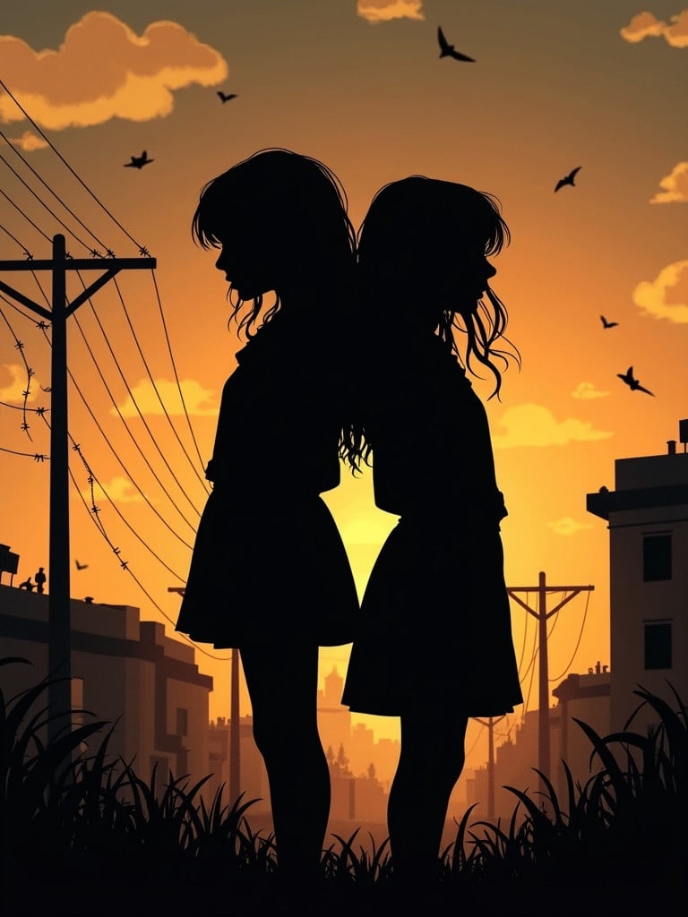 Silhouettes of two girls stand back to back against a fiery sunset. Broken-down buildings and barbed wire are in the foreground. The sky is bright orange with clouds. Shadows of the landscape set the scene.