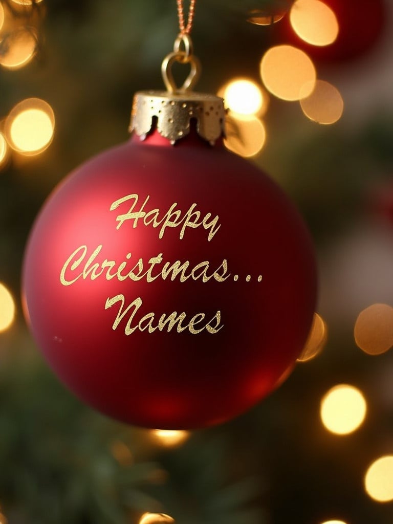 Close-up view of a red Christmas bauble. Text says Happy Christmas... with names. Twinkling lights create a festive atmosphere. Suitable for holiday cards and decorations.