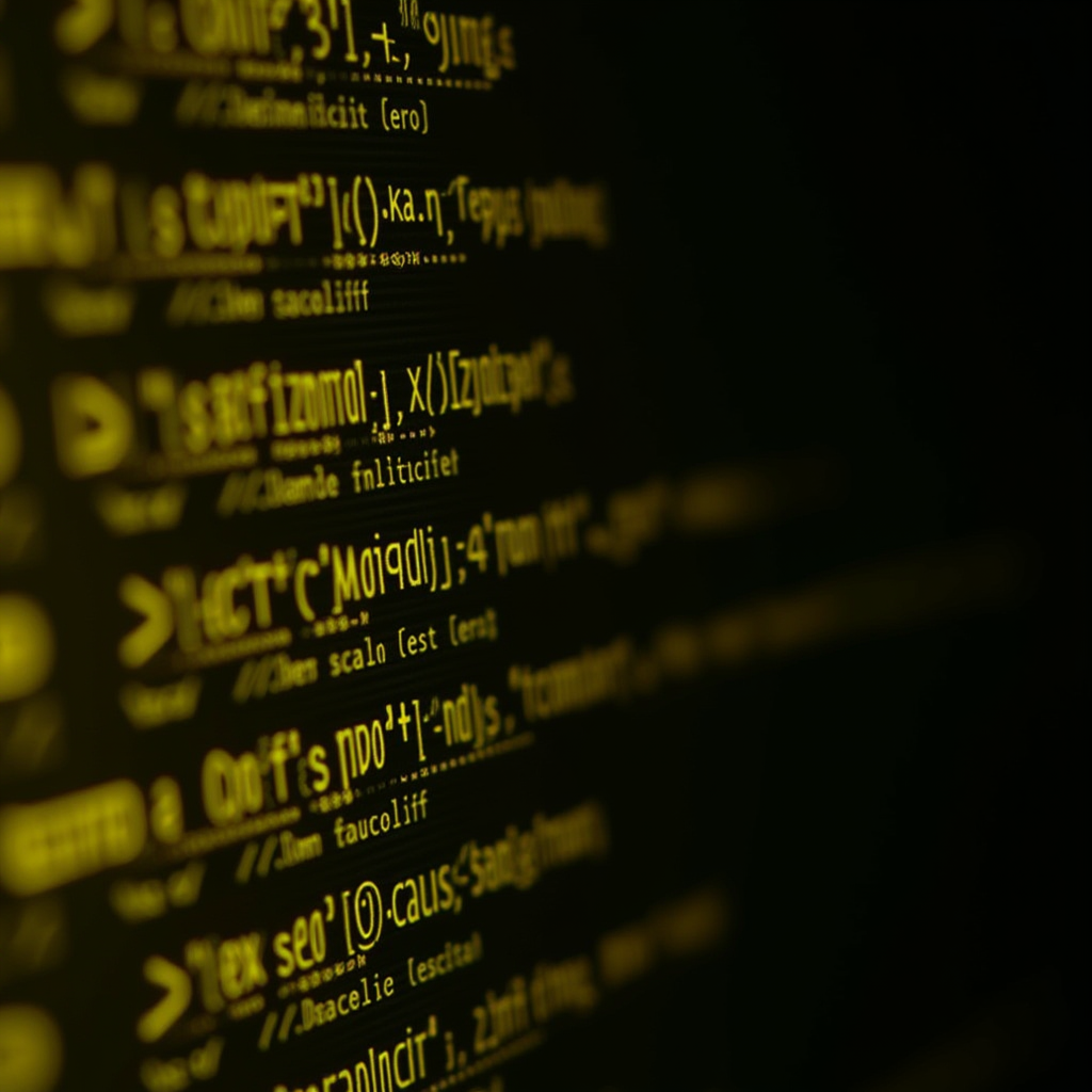 The image shows yellow text on a computer screen, resembling code or programming script.